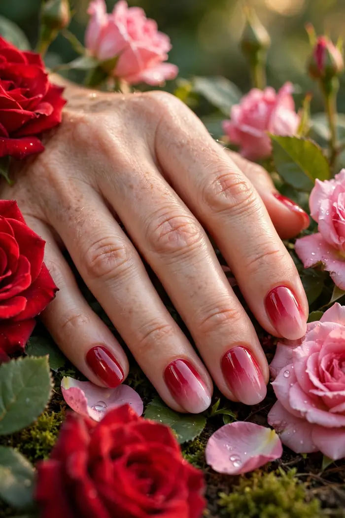 Red to pink ombré Valentine's Day nails gradient manicure
