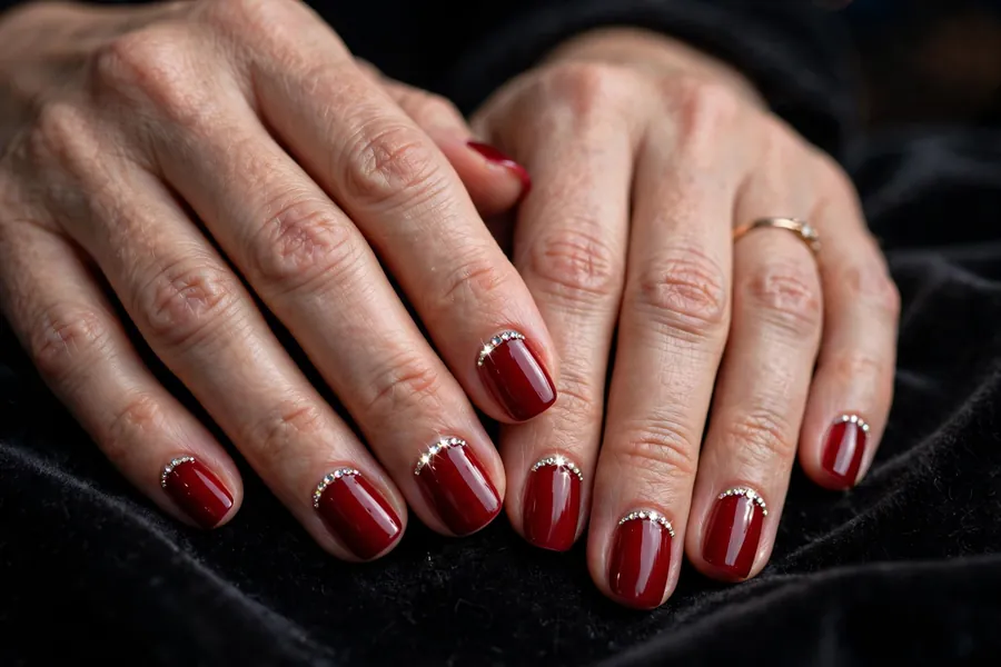 Classic red nails with a rhinestone line along the cuticle on real hands
