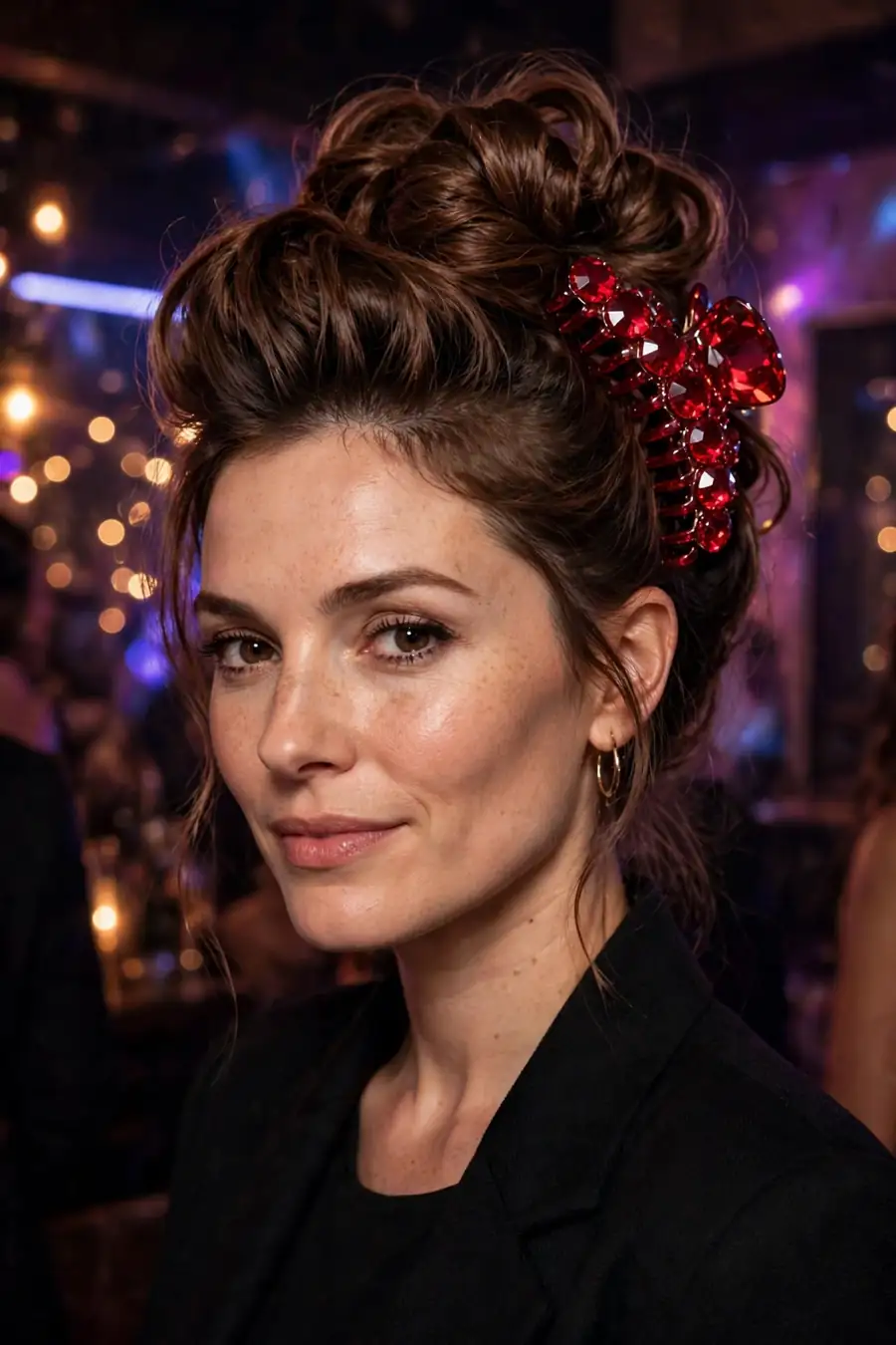 bold updo wearing a ruby red crystal claw clip