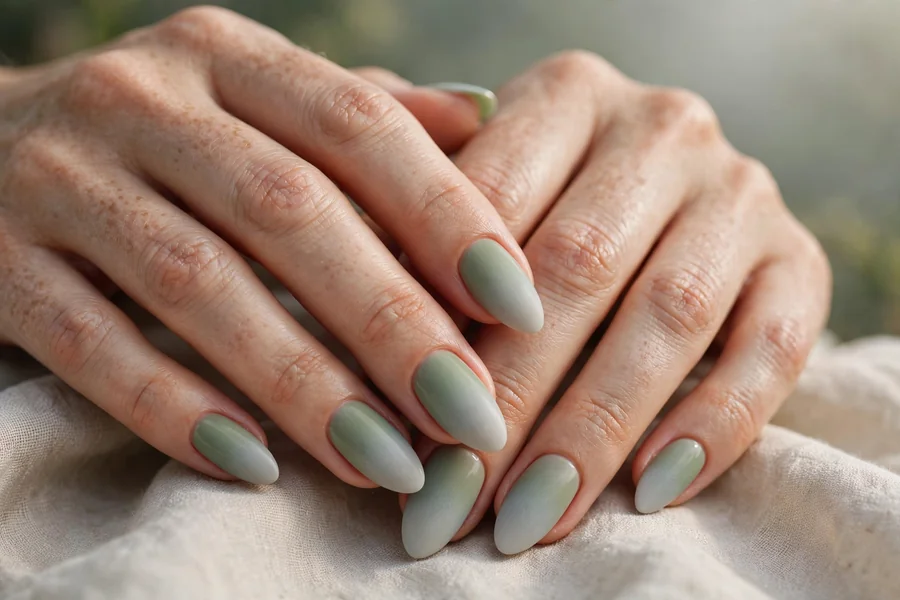 Sage green to soft grey gradient nails