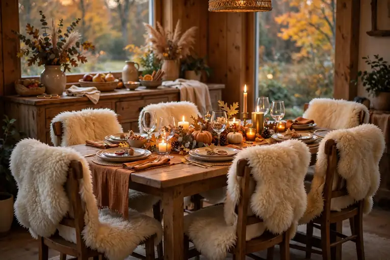 Fall home decor ideas with sheepskin throws draped over dining chairs