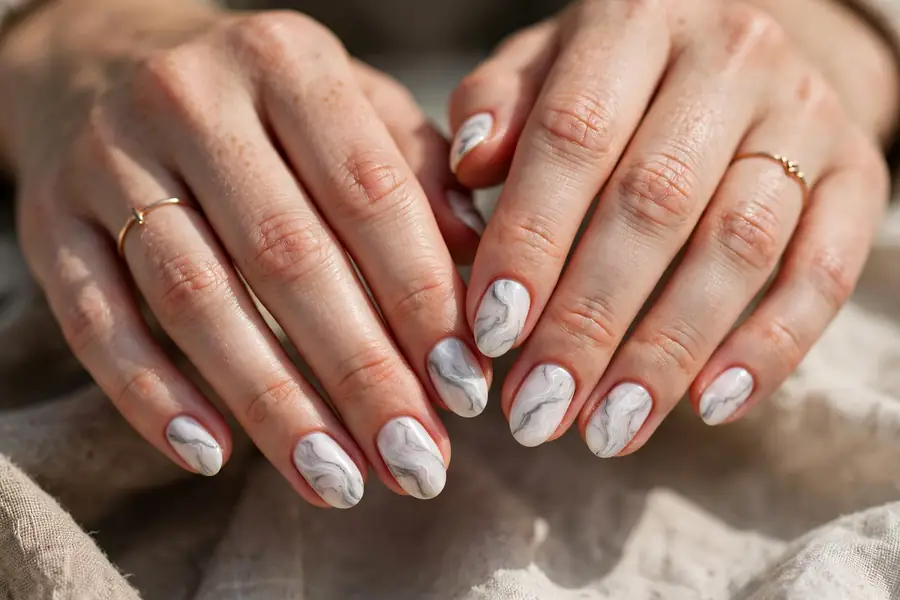 Short almond nails with delicate white and grey marble