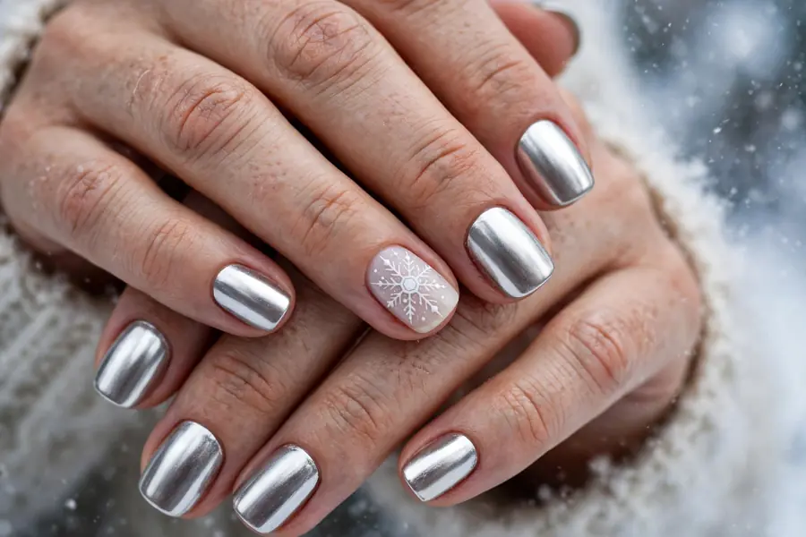Silver chrome nails with a delicate snowflake accent on real hands