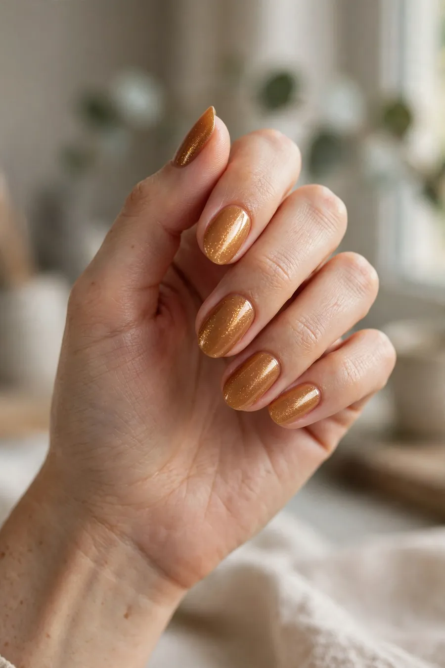 Warm caramel nude nails with fine golden shimmer
