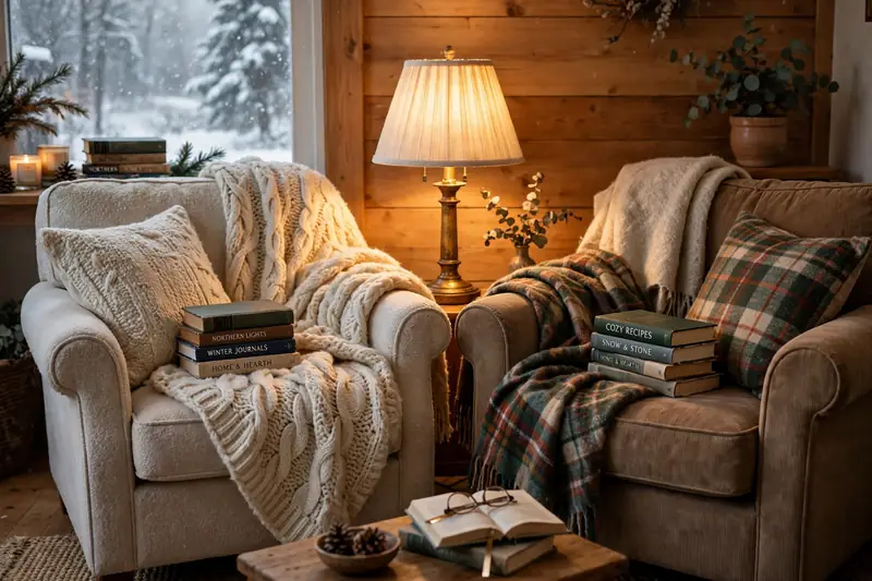 Two armchairs side by side with blankets books and a shared lamp in a cozy nook
