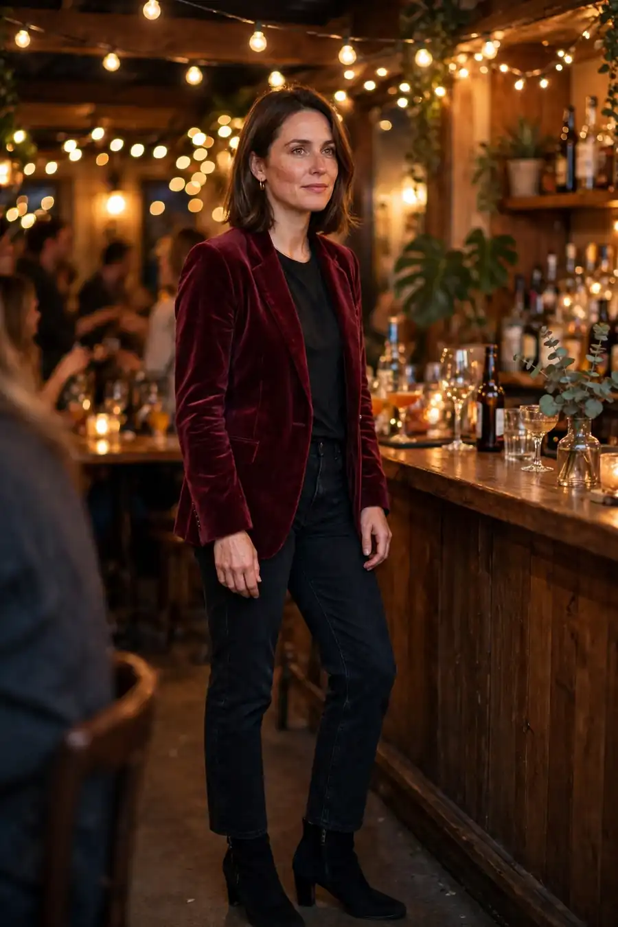 Burgundy velvet blazer over black top with dark jeans and heeled boots