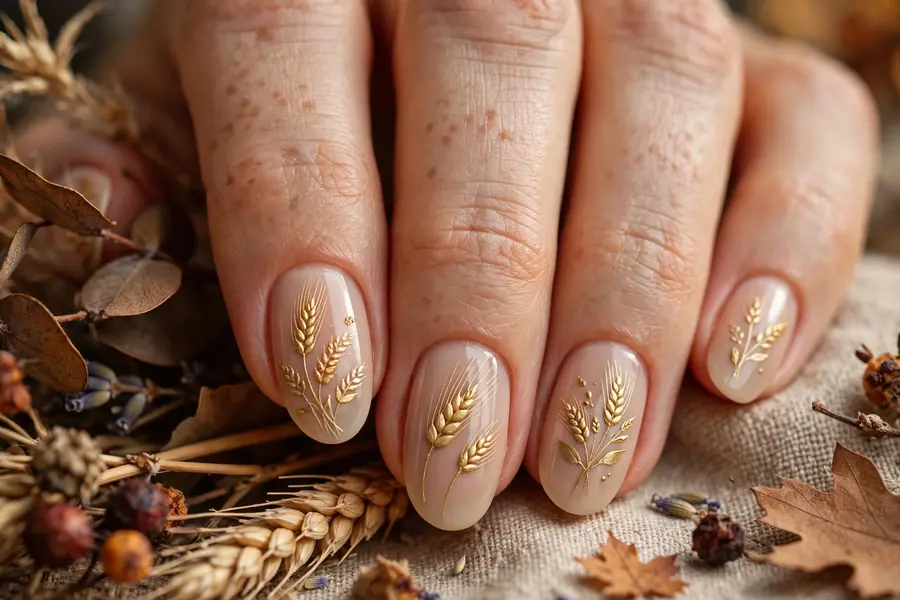 Golden wheat stalk nail art