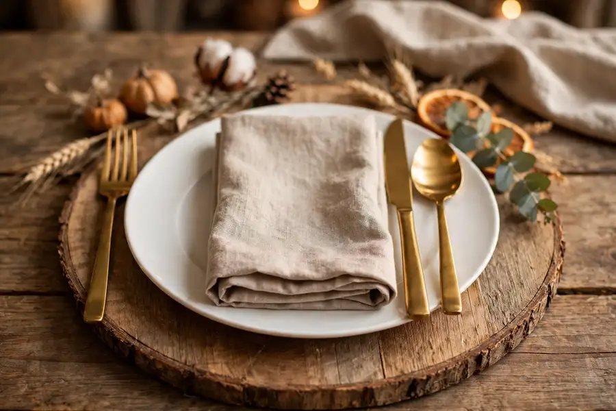 Rustic wood chargers layered under plates on a farmhouse thanksgiving table