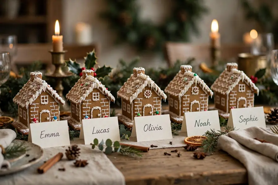 Photorealistic photograph of small mini gingerbread houses used as Christmas dinner table place cards