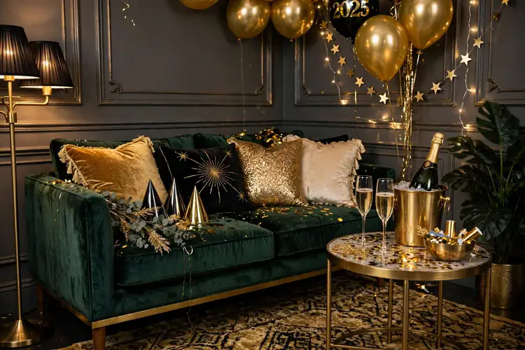 Velvet and gold lounge corner with cushions for a New Year's Eve party