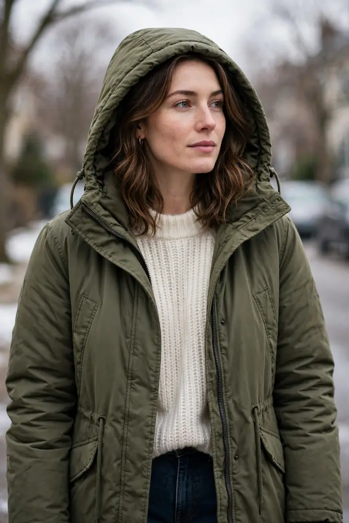 Woman in an olive parka with hood over cream knit layers and dark jeans