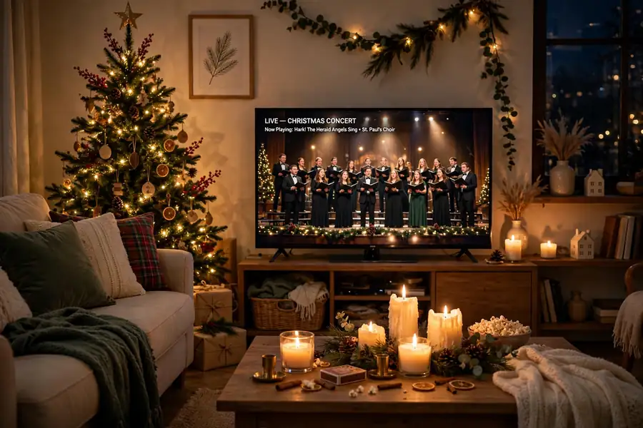 Living room with a Christmas concert playing on television and candles glowing nearby