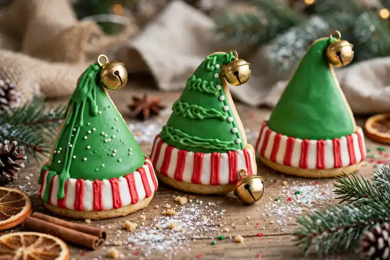 Elf hat cookies with green icing, striped bands and jingle bells