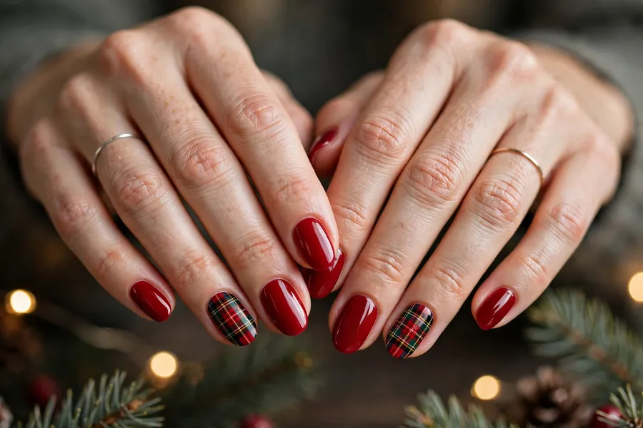 Plaid accent nail with solid red nails