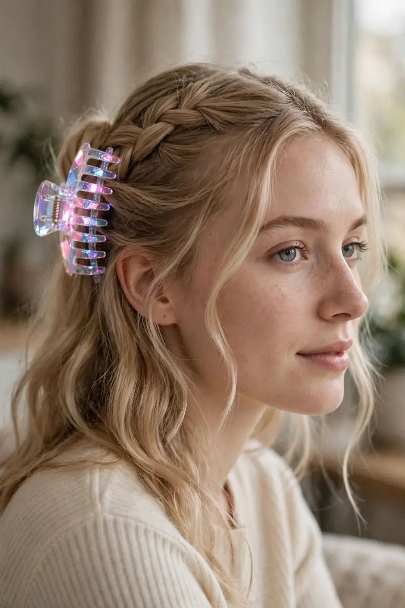 half-up braid finished with an iridescent aurora crystal clip