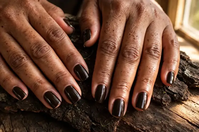 Deep bark brown glossy earthy nails on real hands