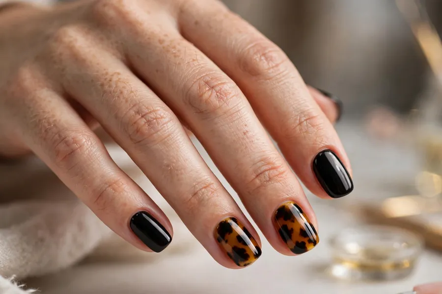 Black nails with tortoiseshell accent nails, chic black nails