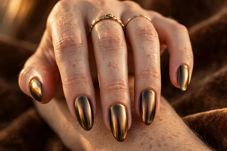 Hand with bronze gold chrome nails in a burnished metallic finish