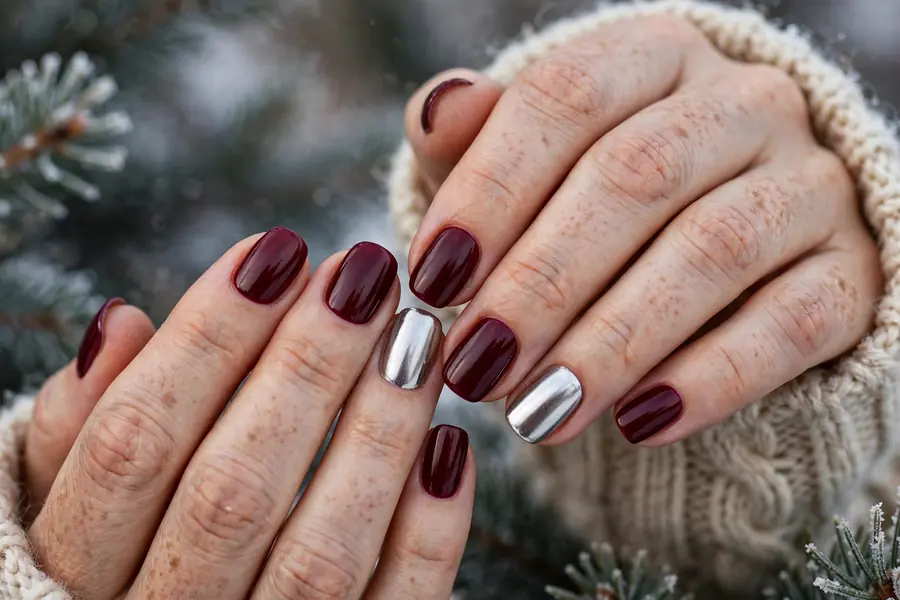 Burgundy nails with silver chrome accent nails on real hands
