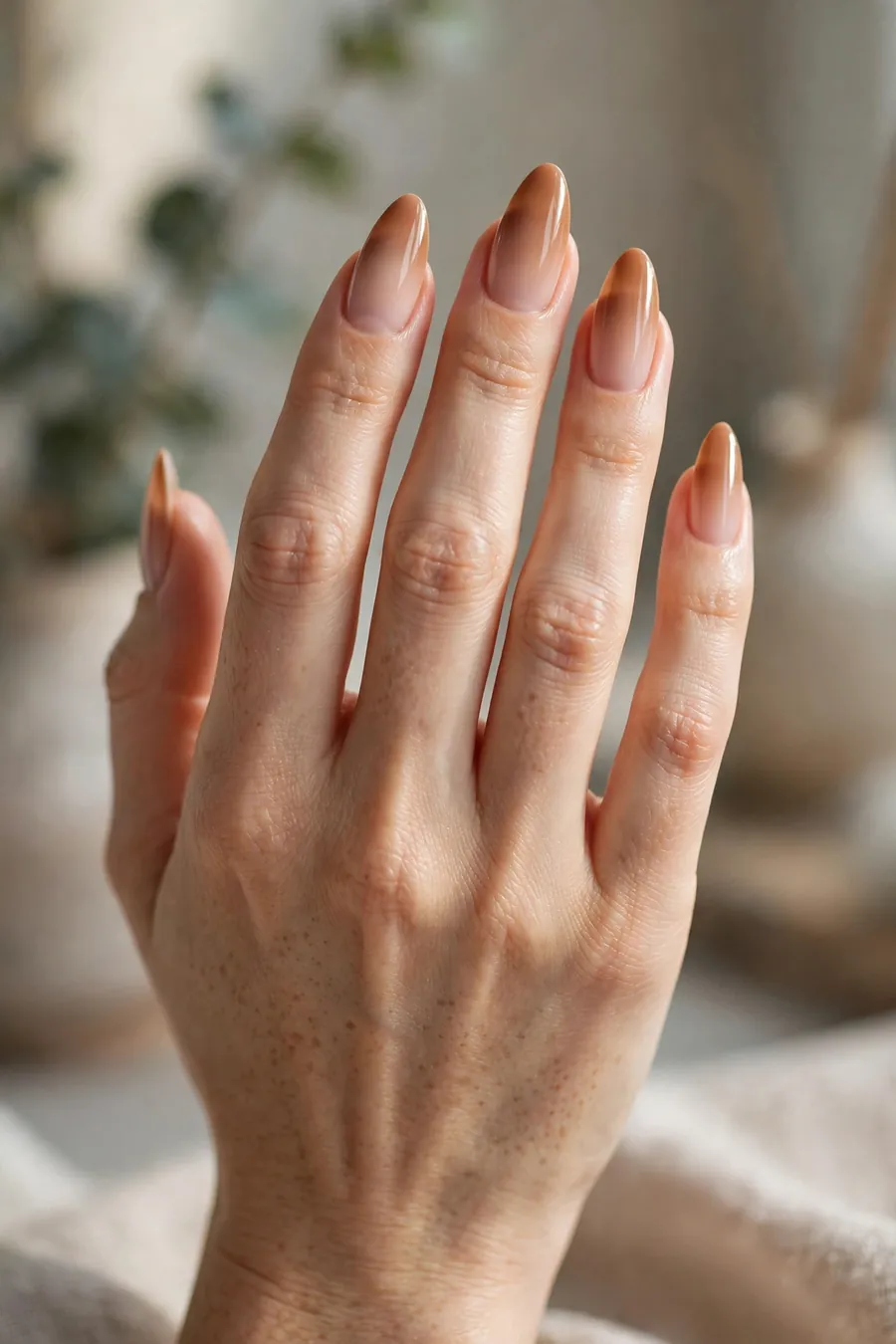 Caramel nude nails in a soft baby-boomer fade from nude to caramel