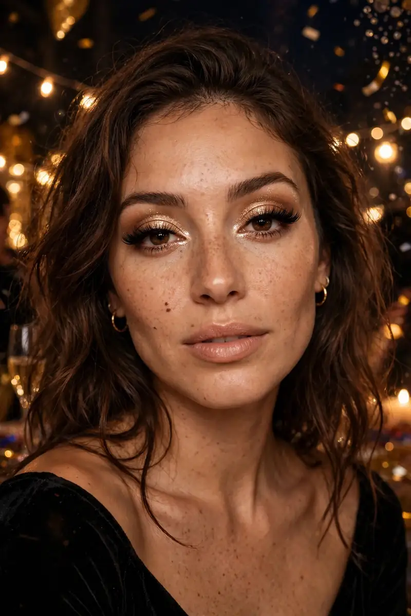 Woman with a champagne cut crease and full lashes for New Year's Eve