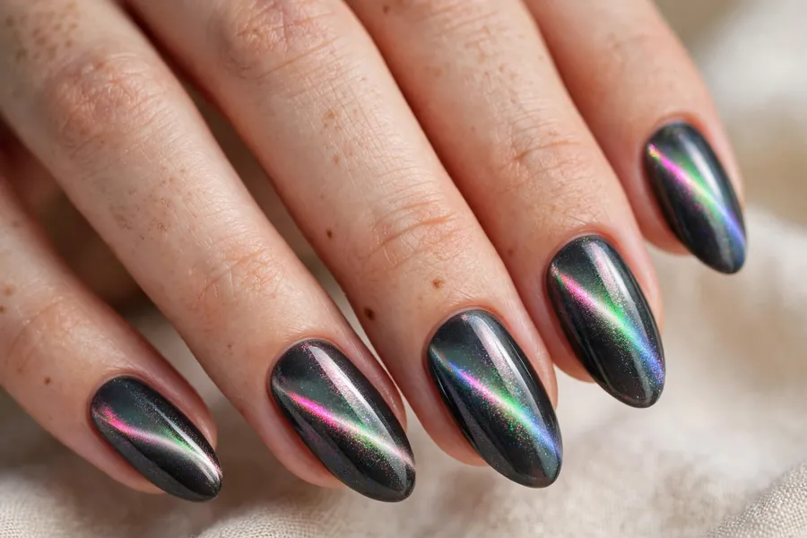 Almond nails with charcoal-to-opal two tone cat eye nail polish, iridescent shimmer band
