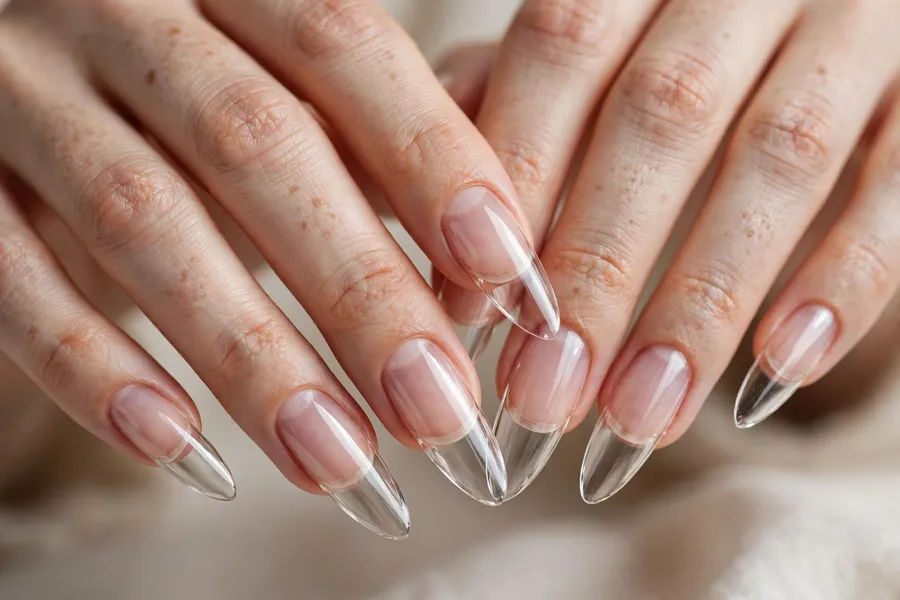Long clear glass almond nails on real hands