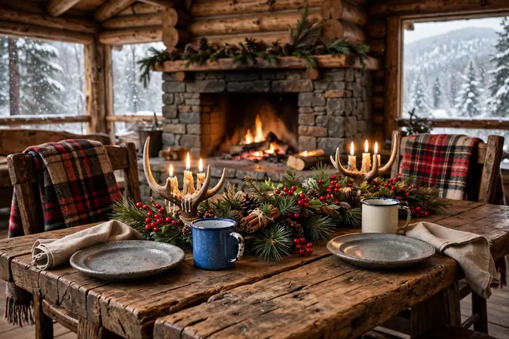 Cozy cabin lodge christmas table with fireplace and pine garland