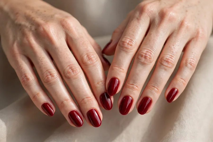 Deep cherry red glossy nails on real hands