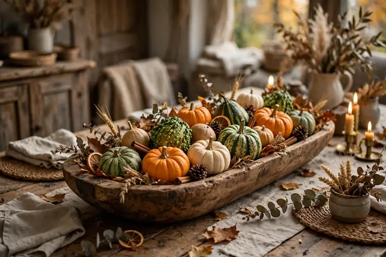 Fall home decor ideas with a wooden dough bowl filled with gourds