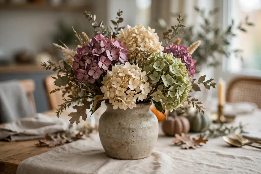Dried hydrangea bouquet in a vase for thanksgiving table decor