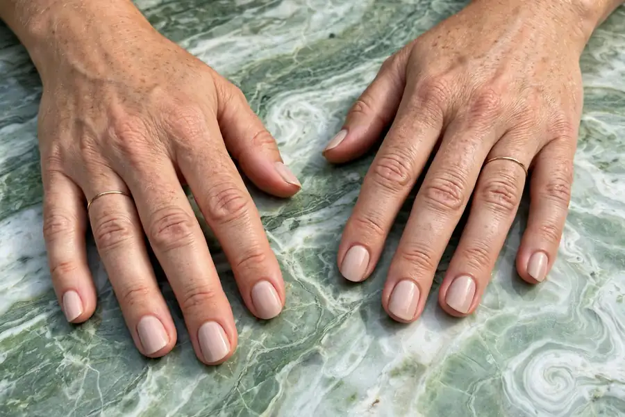 Evergreen marble nails with soft green veining on real hands