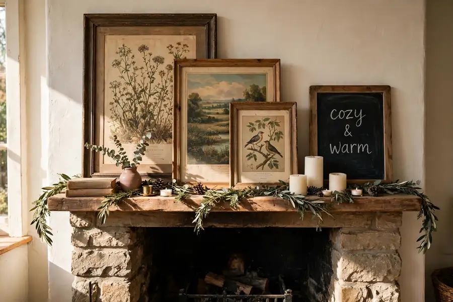 Framed vintage art and chalkboard layered above a Christmas mantel