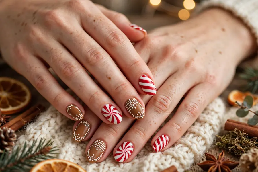 Gingerbread and peppermint mix nails with brown and red white stripes on real hands