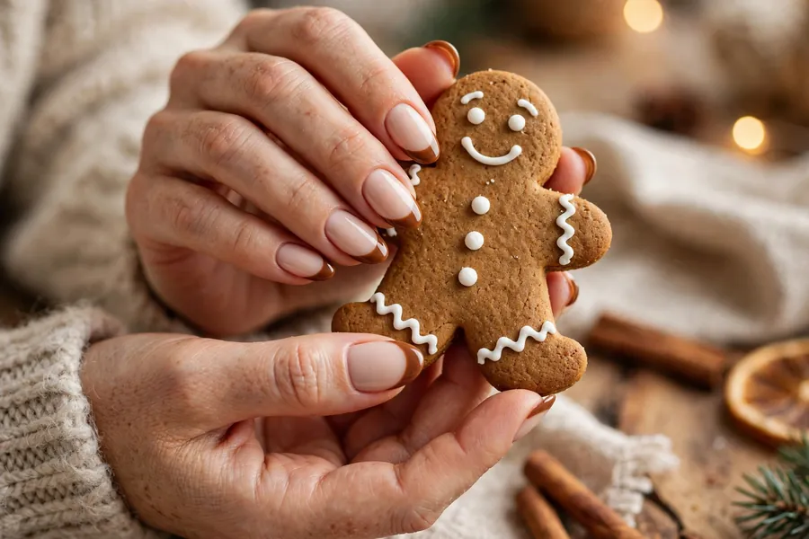 Gingerbread brown Christmas French tip nails on real hands holding a gingerbread cookie