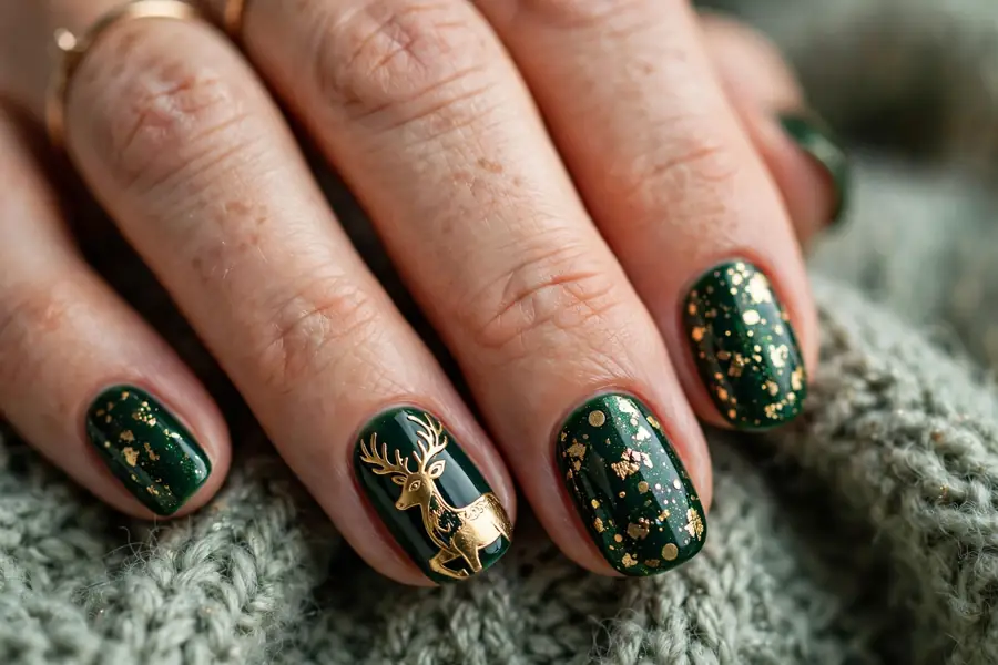 Gold foil reindeer nails with metallic flakes on real hands