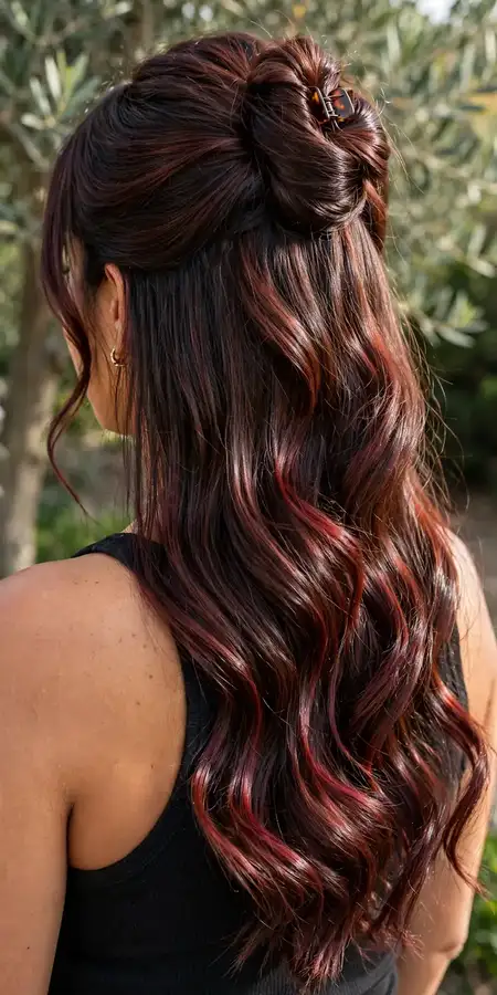Cherry cola brunette styled in an elegant half-up hairstyle