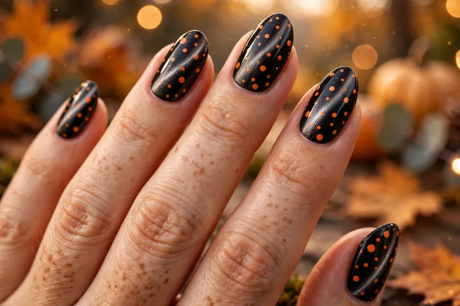 Halloween black polka dot cat eye nails with orange dots