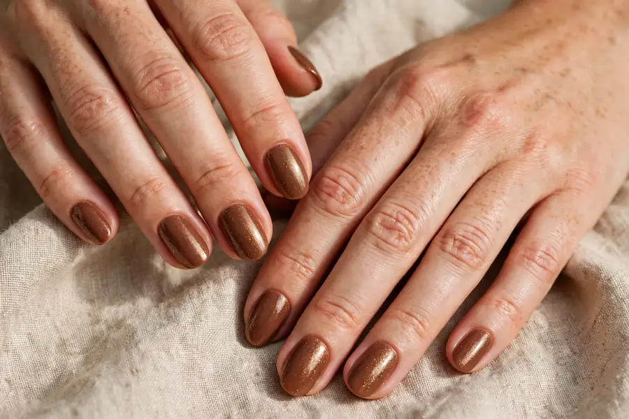 Hazelnut praline shimmer hot chocolate nails on real hands