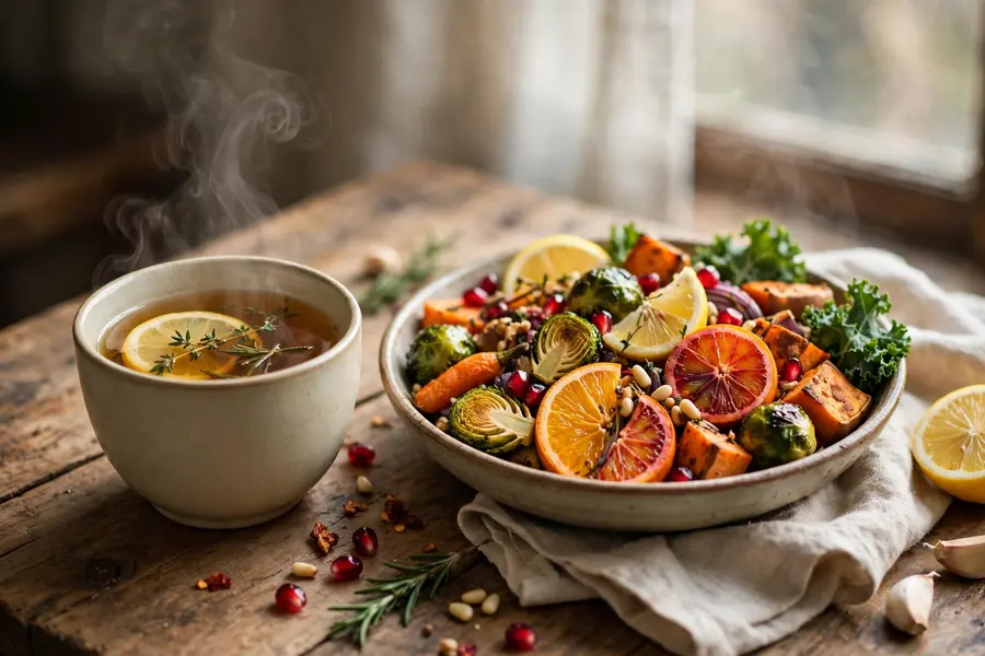 Warm herbal tea and nourishing winter foods on a table