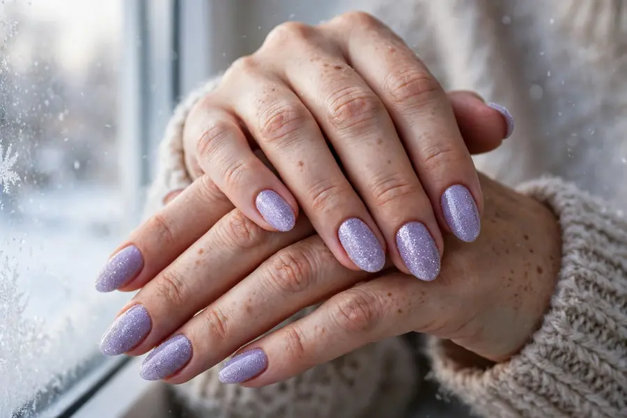Lavender glitter nails on real hands in soft winter light