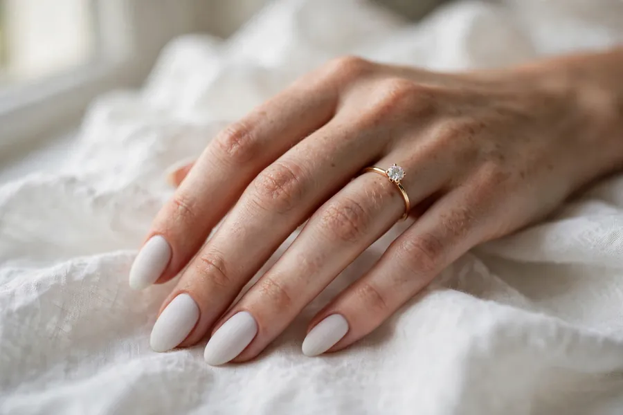 Matte linen-white bridal nails with soft velvet finish