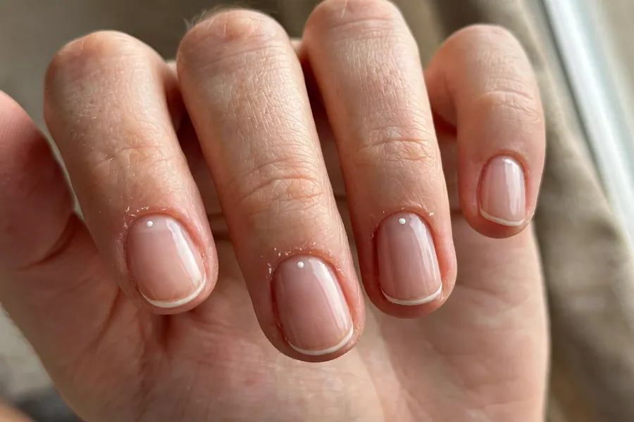 Micro French nails with matching cuticle dot accent