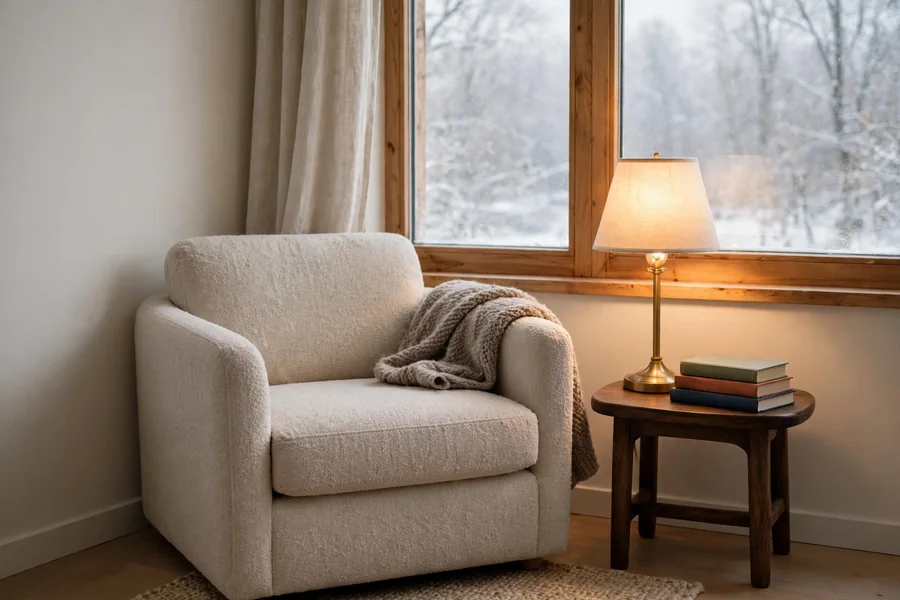 Minimal reading nook with one armchair a lamp and a small stack of books