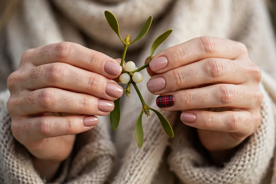 Mistletoe sprig with red plaid accent mistletoe nails on real hands with a scarf