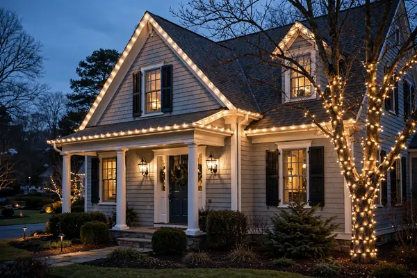 House exterior at dusk with warm white Christmas lights along the roofline and trees