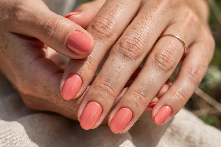 Peachy blush nails on real hands with a warm coral pink manicure