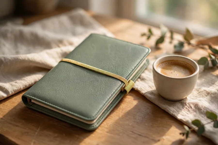 Slim sage green pocket planner with gold elastic band on a desk