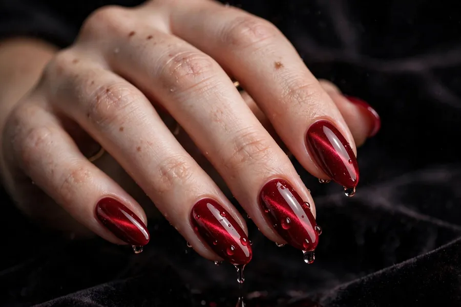 Poison apple glossy dark red cat eye nails