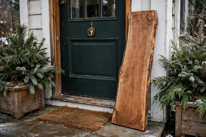 Photorealistic photograph of a personalized wooden welcome sign leaning beside a winter front door